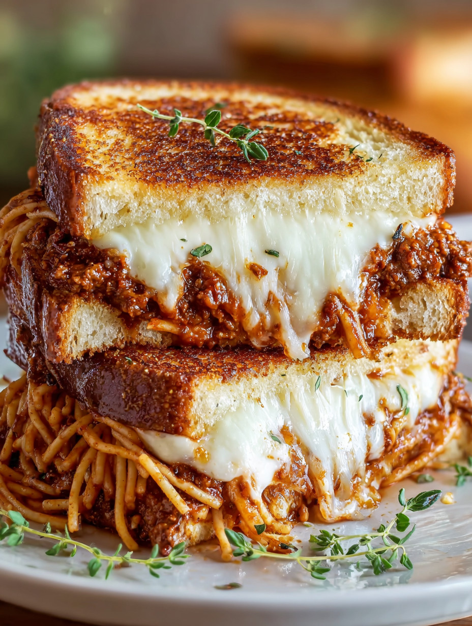 Eine Platte mit zwei Toastbrotstücken, die mit Spaghetti und Tomatenfüllung garniert sind.
