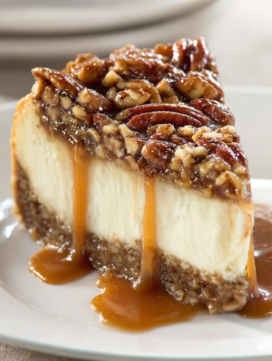 Eine süße, mit Walnüssen und Karamell geschmückte Käsekuche auf einem weißen Teller.