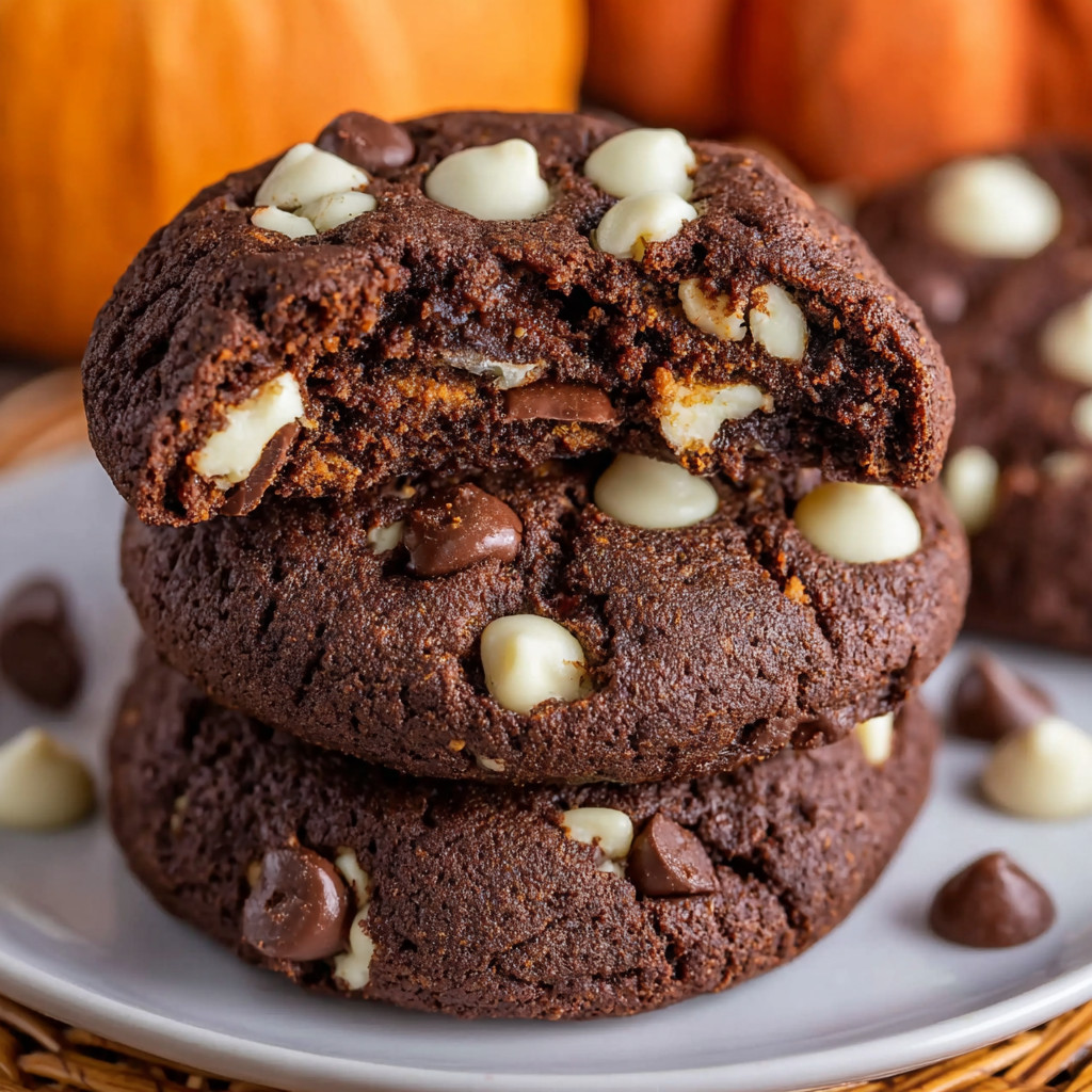 Eine Platte mit zwei Chocolate-Cookies, die mit Schokoladenschnee und Haselnüssen garniert sind.