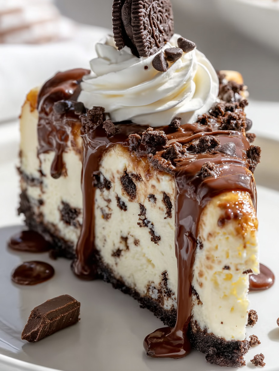 Eine süße, schmelzige, mit Schokoladenglasur versehene Cheesecake-Torte mit Schokoladenglasur und Schokoladenglasur auf einem weißen Teller.