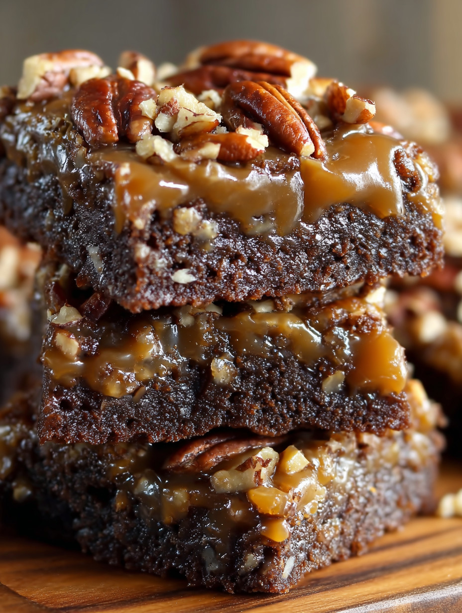 Eine Schicht aus Walnuss, Kokosnuss und Mandeln, die auf einem Dessert-Boden mit einer Schicht aus Karamell und Schokolade aufgetragen sind.