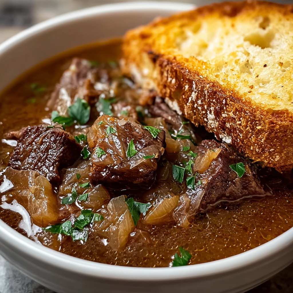 Ein weißer Teller mit einer Mischung aus Fleisch, Gemüse und Brot.