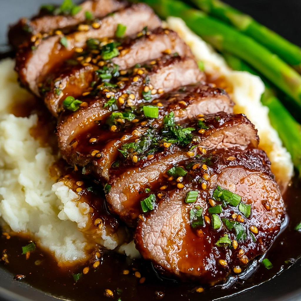 Ein schmackhaftes Gericht aus Rindfleisch, welches mit Sauce und Koriander garniert ist.