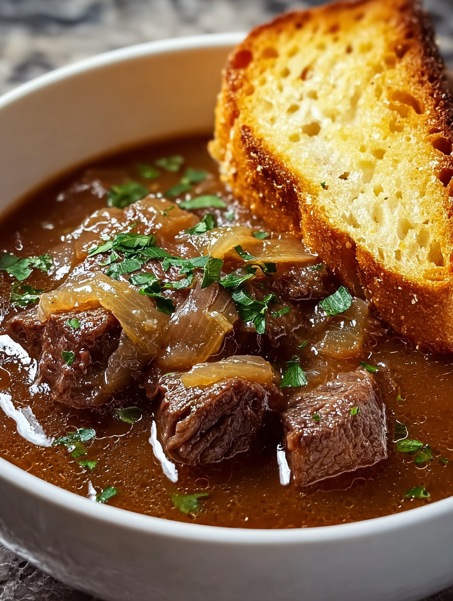 Ein weißer Teller mit einer Mischung aus Fleisch, Zwiebeln und Gemüse.