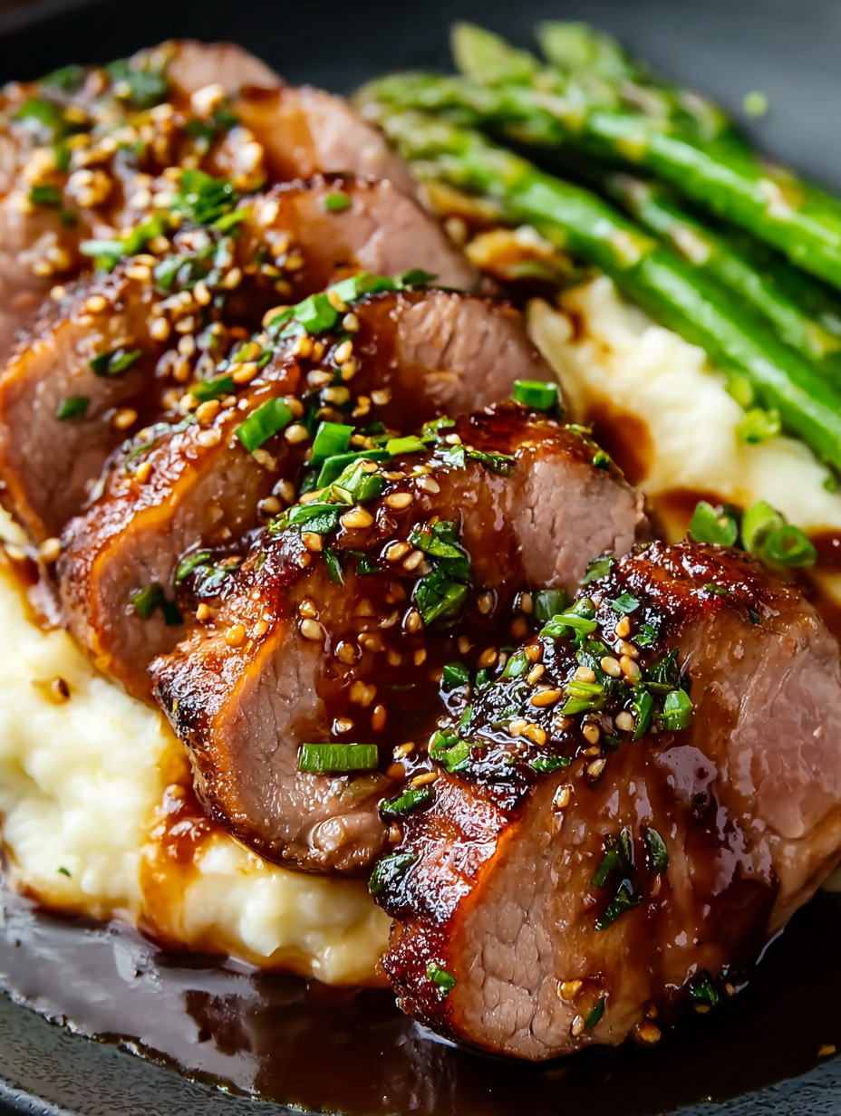 Eine Portion Rindfleisch mit grünen Gewürzen und einer Sauce, die auf einem Teller mit Reis und Asparagus serviert wird.