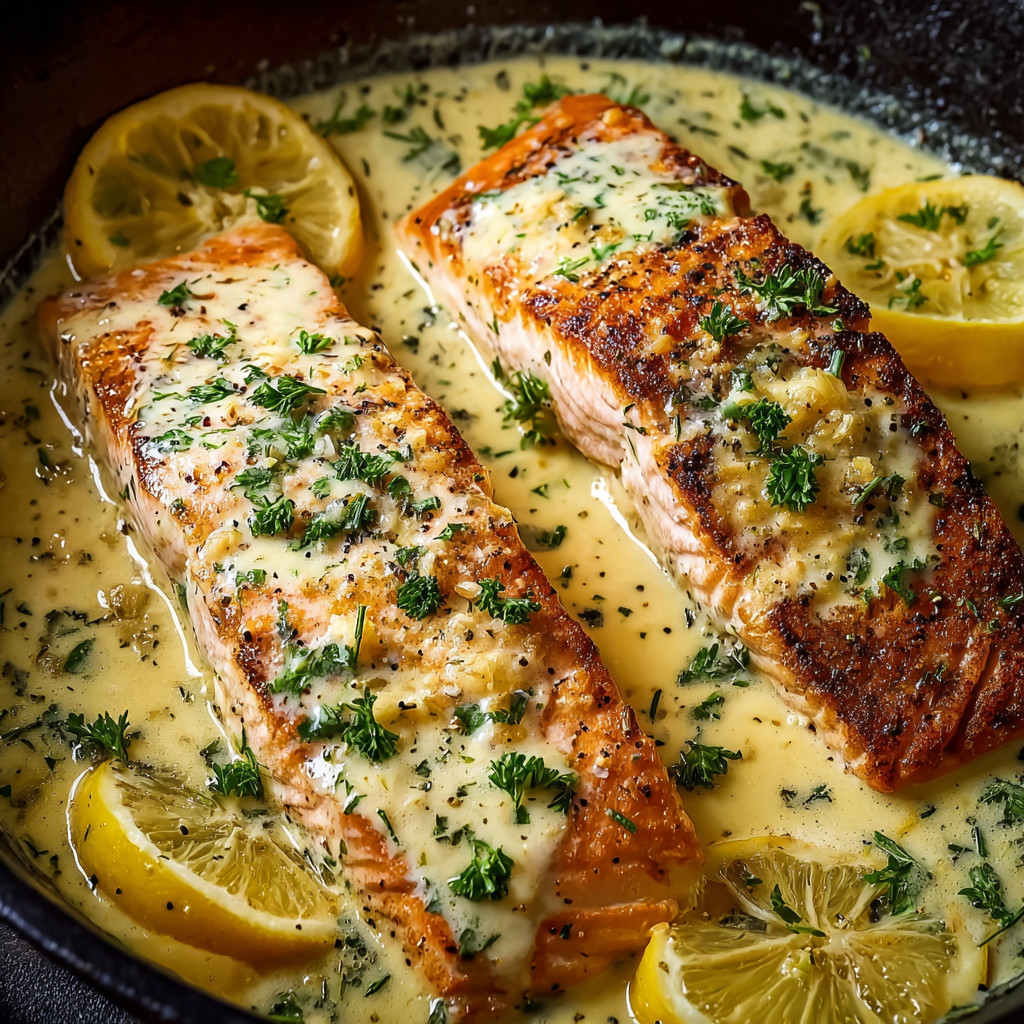 Ein Fischfilet mit Lemon und Zwiebeln in einer Sauce.