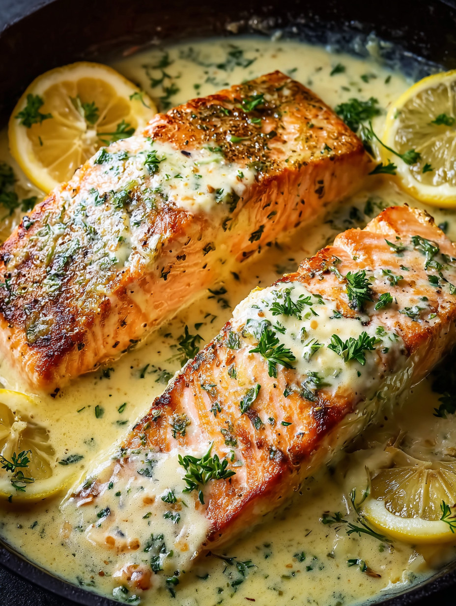 Ein Bild von Salmonfilets, die in einer Sauce mit Zitrone und Parsley garniert sind.