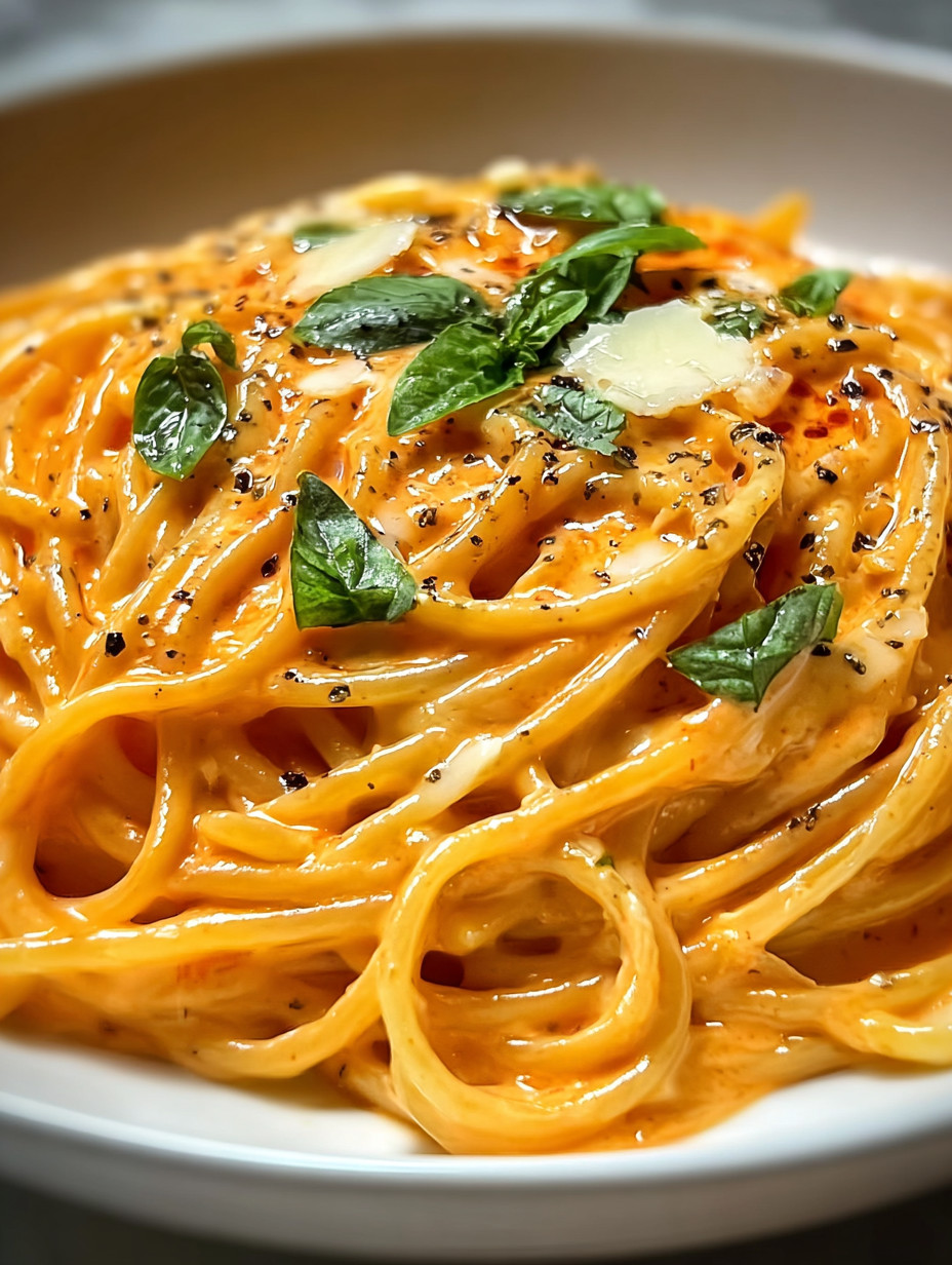 Eine Platte mit Spaghetti und Pesto, garniert mit Basilikum.