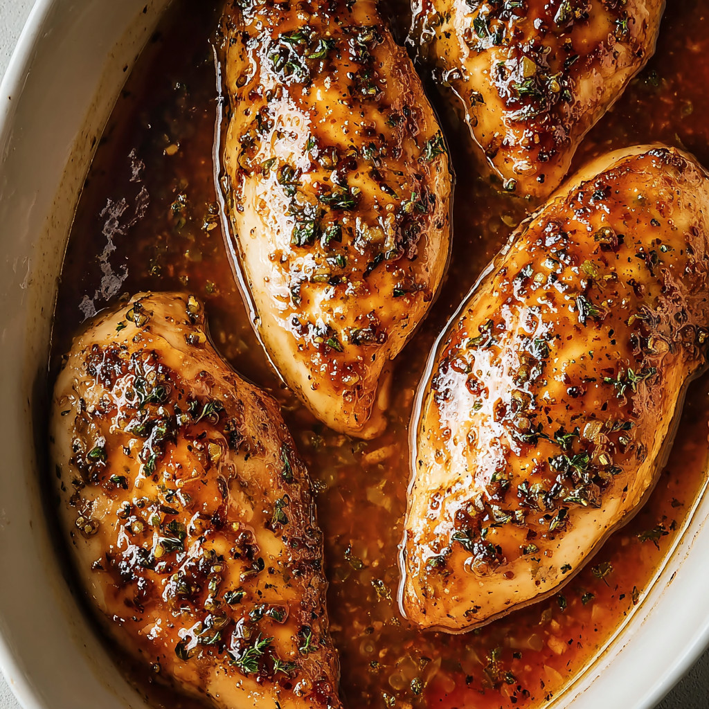 Ein weißer Teller mit einer Sauce, in der sich mehrere gebratene Chickenbrustchen befinden.