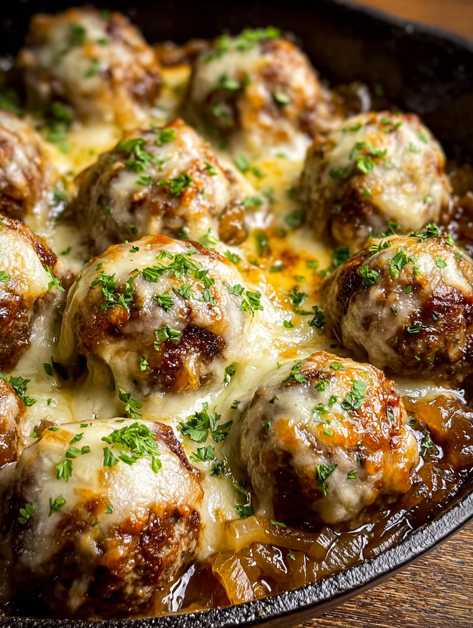 Eine Schüssel mit Käse- und Zwiebel-knochen, die in einer Sauce gegeben sind.