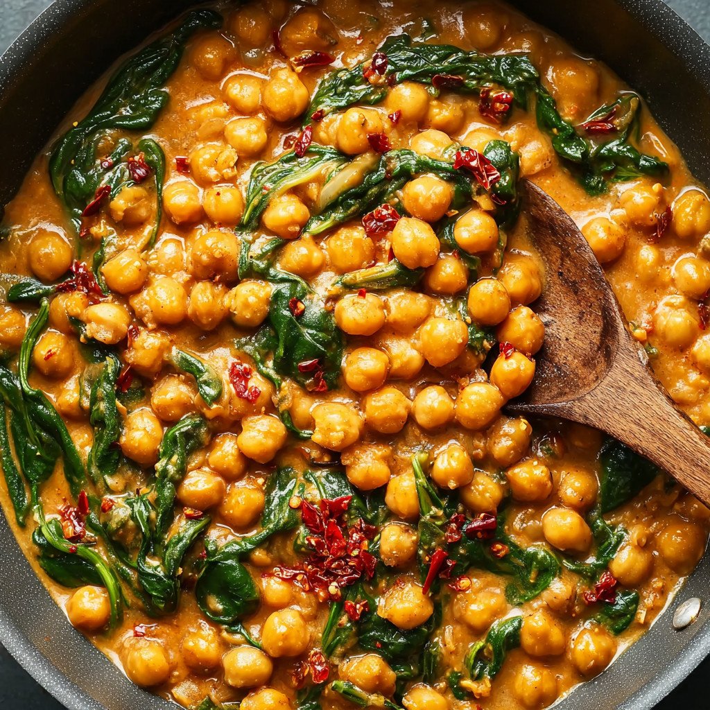 Ein Foto von einer Pfanne mit einer Mischung aus Kichererbsen, Spinat und Tomaten.