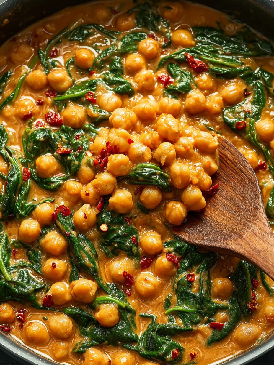 Eine Schüssel mit einer Mischung aus Kichererbsen, Spinat und Tomaten.