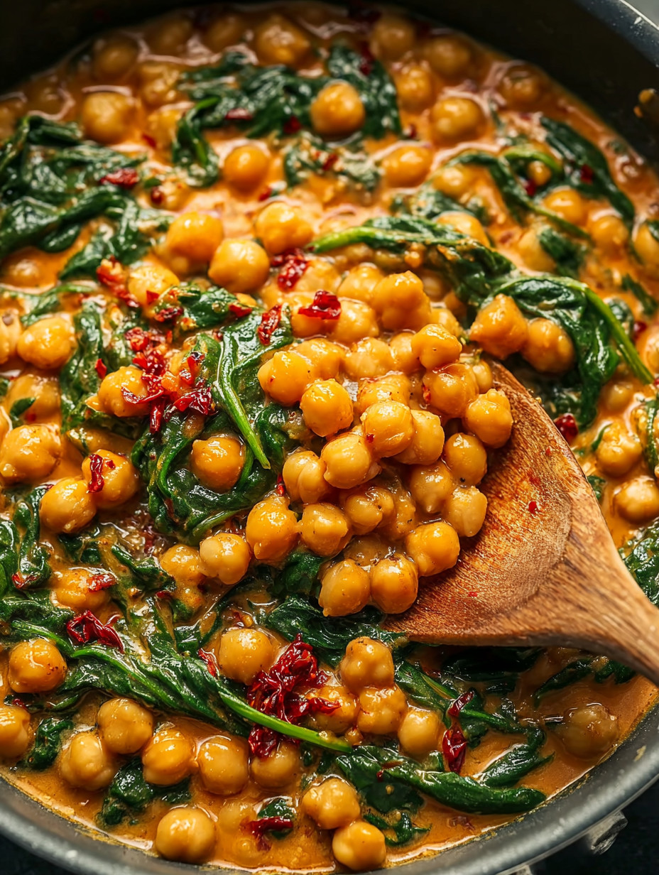 Eine Schüssel mit einer Mischung aus Kichererbsen, Spinat und Tomaten.