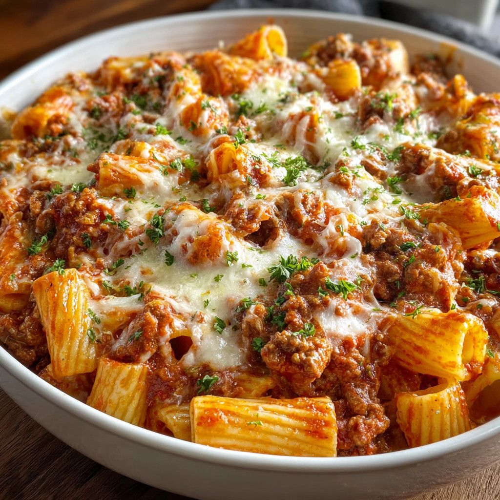 Ein weißer Teller mit Penne-Nudelsalat auf einem Tisch.