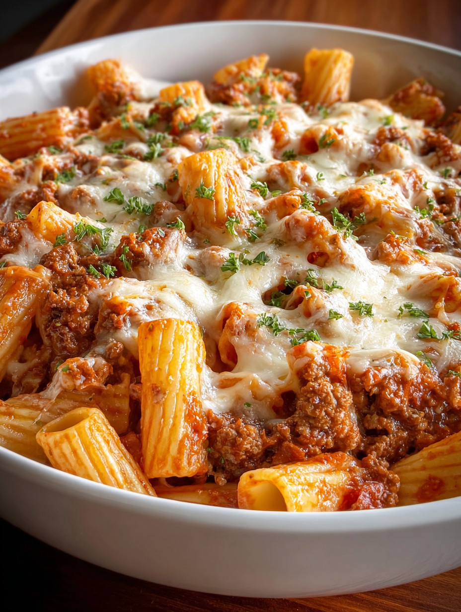 Ein weißer Teller mit Penne-Nudeln und Käse-Topping.