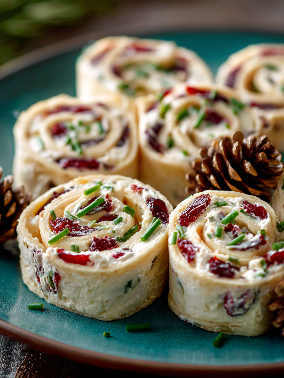 Ein Plate mit sechs Rollen, die aus Käse, Zwiebeln und Beeren bestehen.