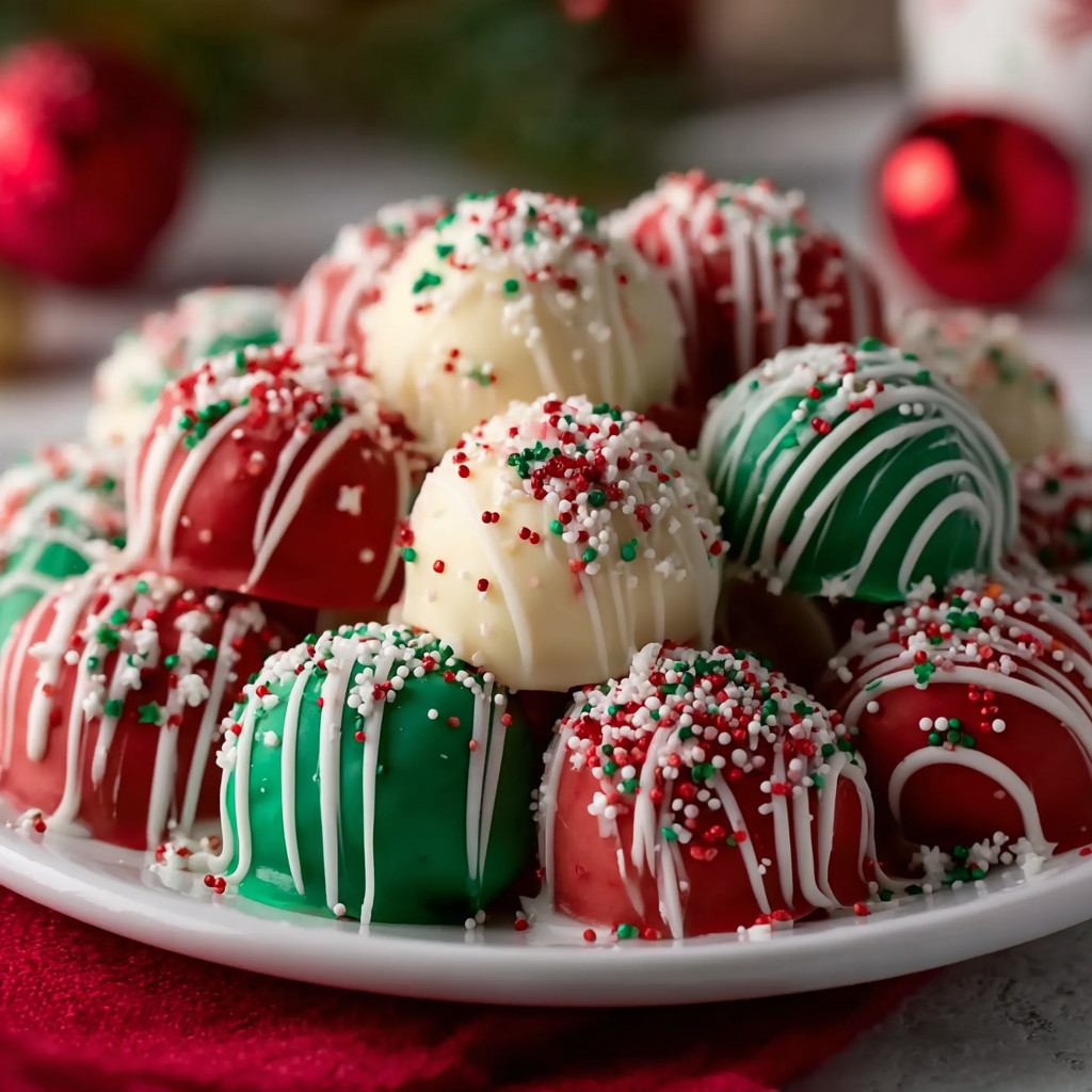 Eine Platte mit 14 Weihnachts-Konfekt-Bällchen, die in Farben wie Grün, Rot, Blau und Weiß gefärbt sind.