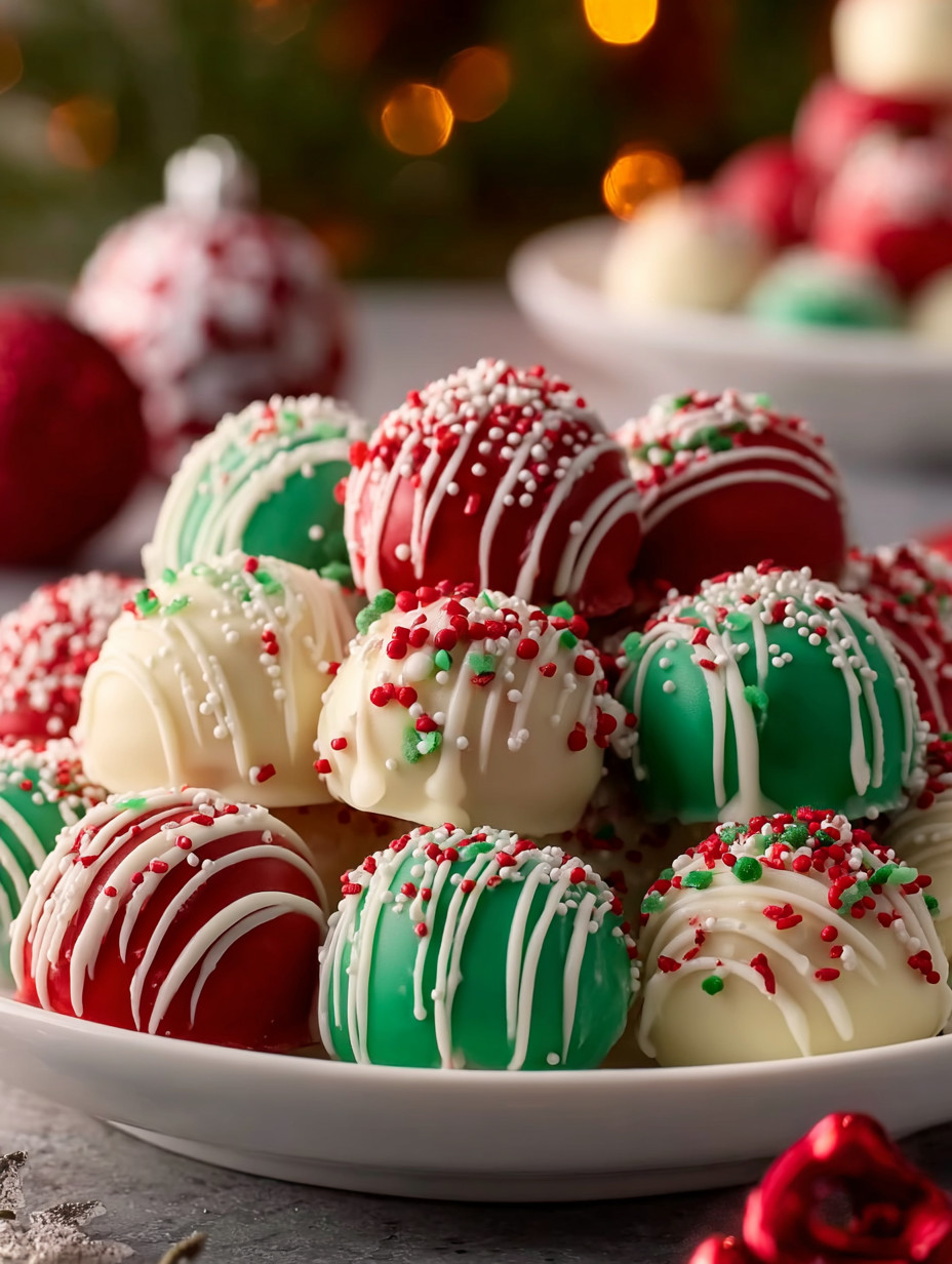 Eine Platte mit einer großen Anzahl von Weihnachts-Schokoladenkugeln, die in verschiedenen Farben und Schattierungen vorliegen.
