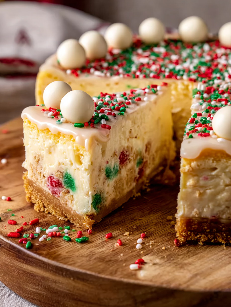 Eine Scheibe Käse mit Weihnachtszucker auf einem Holzblock.