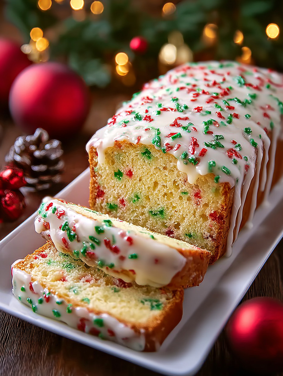 Ein weißer Teller mit einer halben Scheibe von einer Weihnachts-Kekse-Bohnenkuche mit grünen und roten Bohnen.