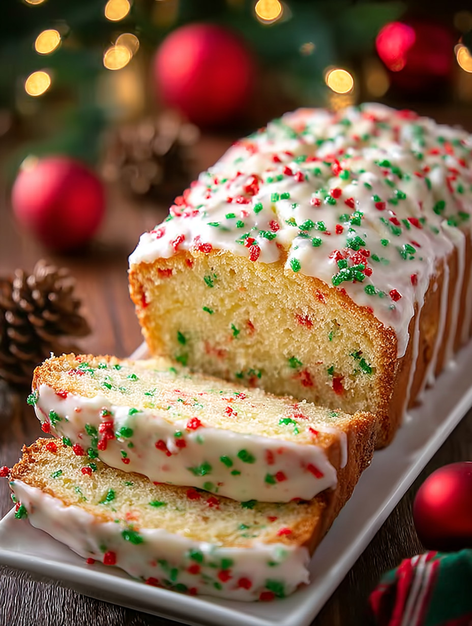 Eine Tafel mit einer halben Wecke, die mit Baumkirschen und Glühkugeln geschmückt ist.