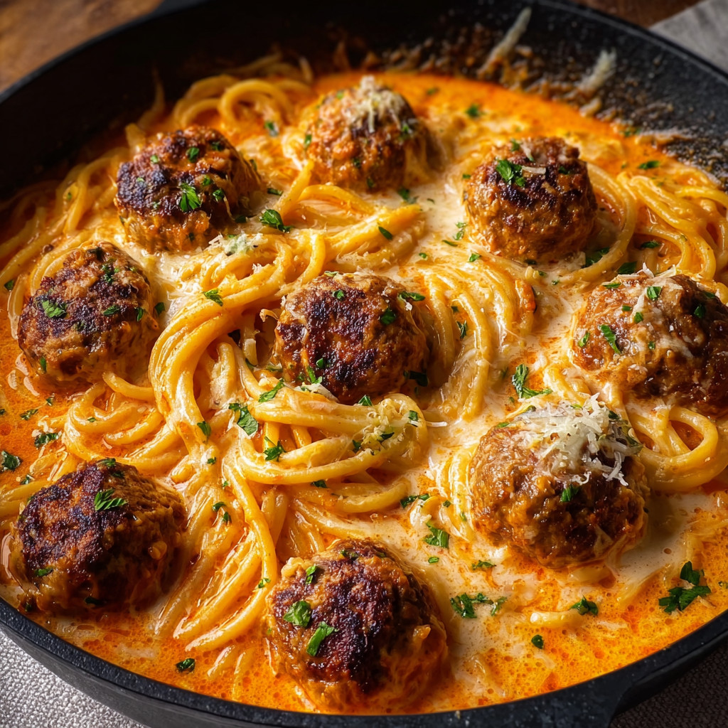 Ein Schalen mit Spaghetti und Meatballs.