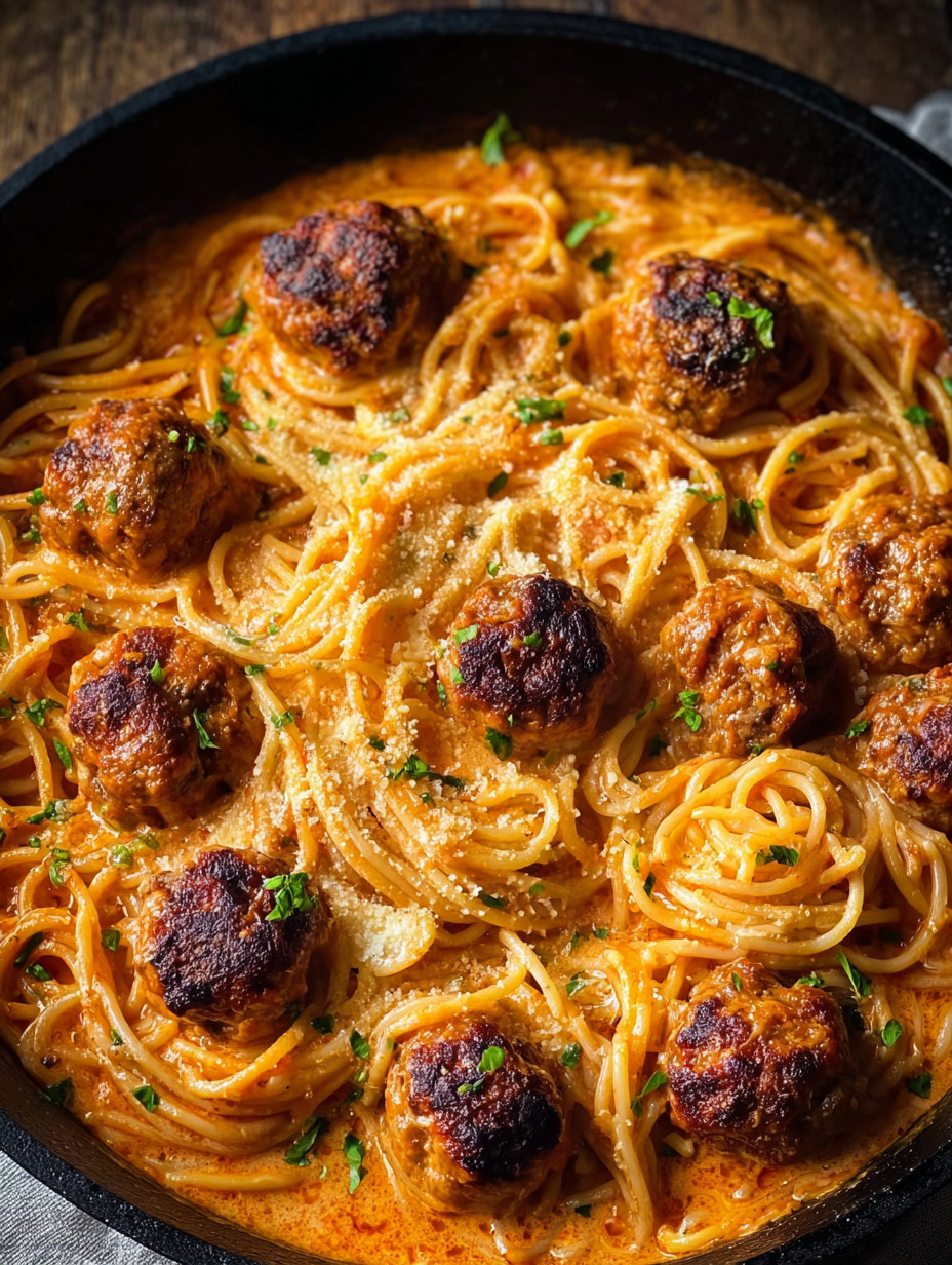 Eine Schüssel mit Spaghetti und Meatballs.