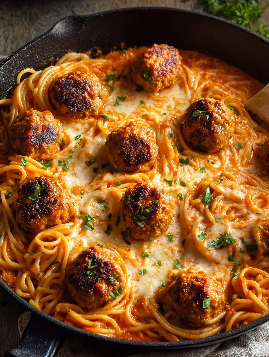 Eine Schüssel mit Spaghetti und Meatballs.