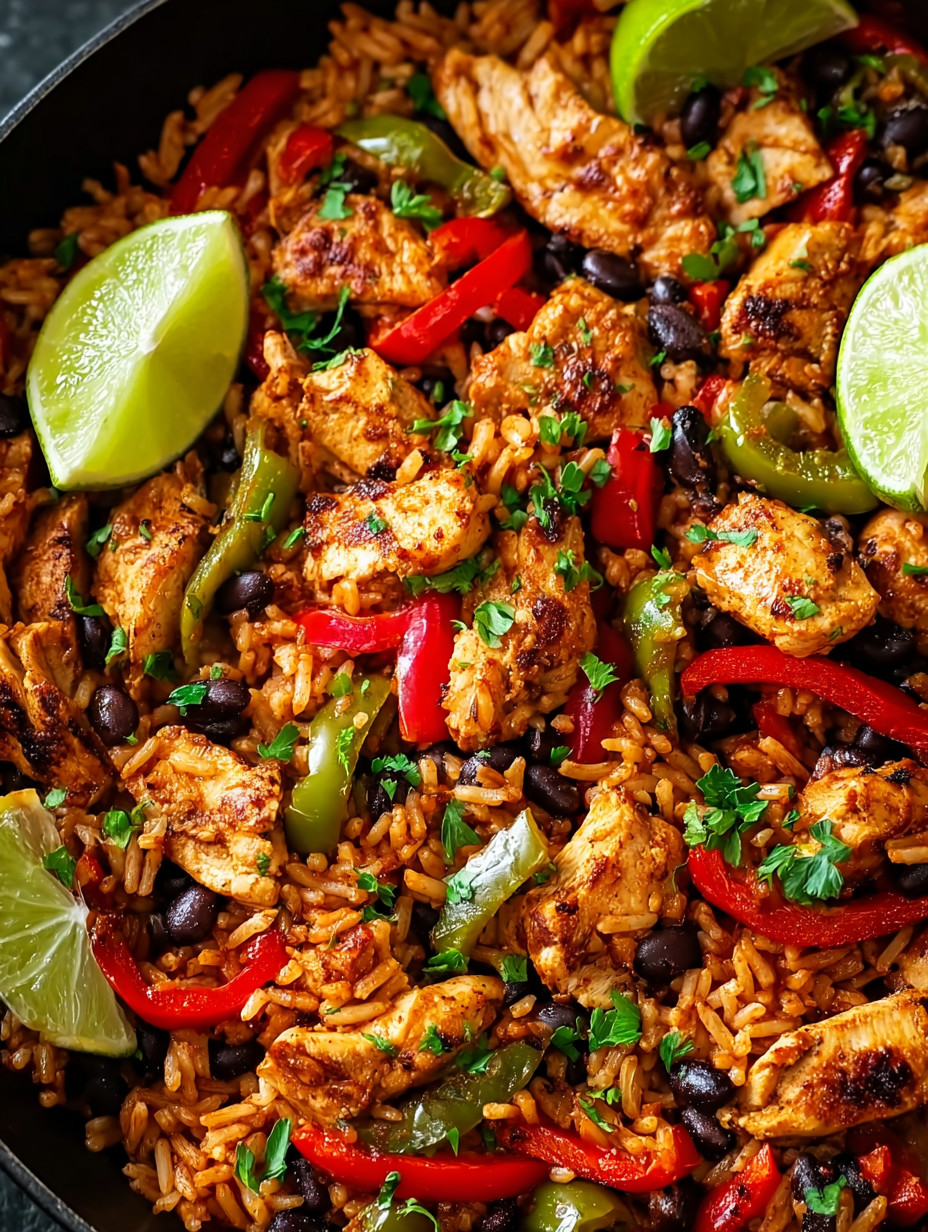 Eine Schüssel mit einer Mischung aus Rice, Chicken, Tomaten, Paprika, Zwiebeln und Limetten.