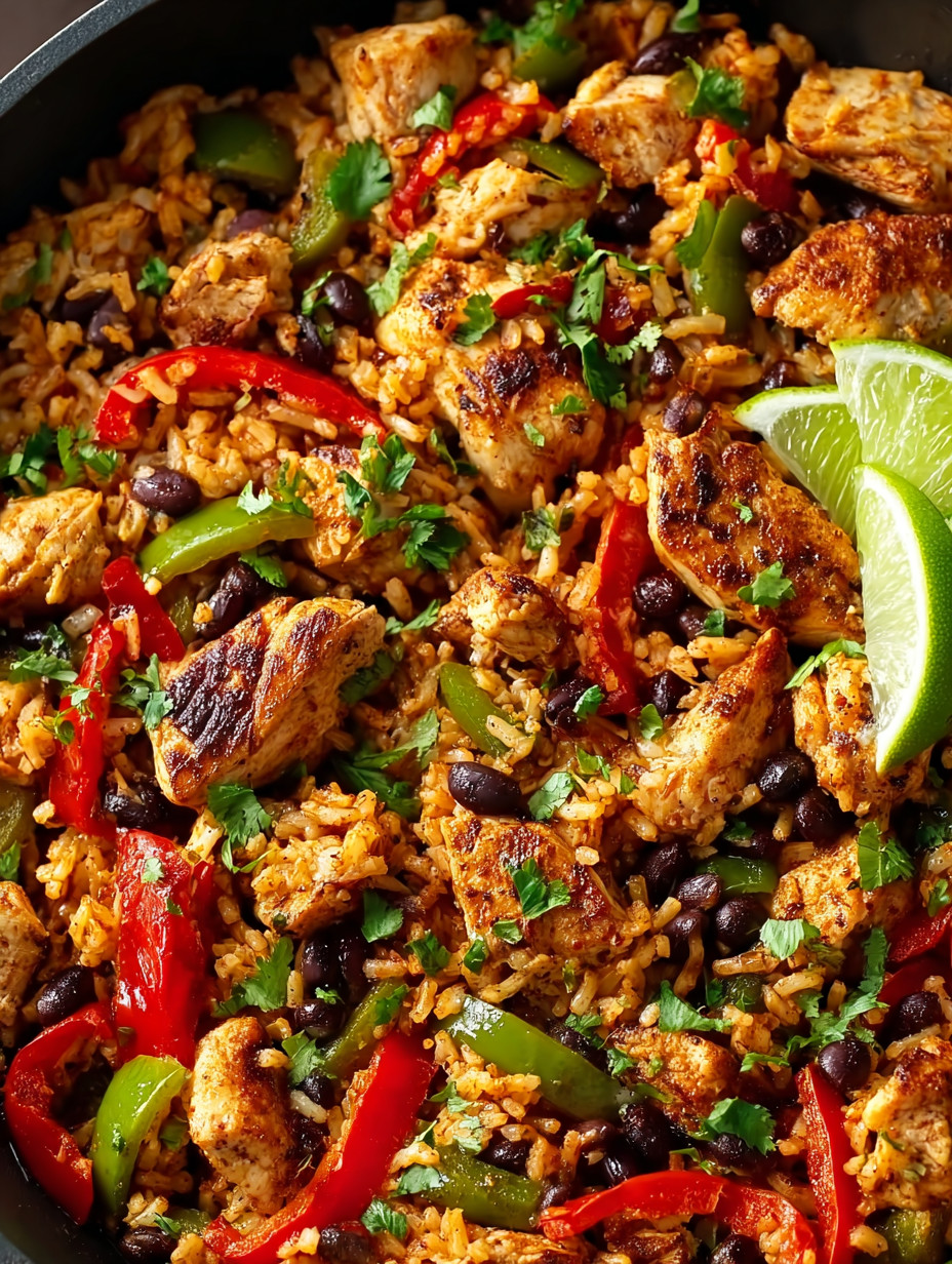 Ein Bild von einer Rice- und Chicken-Gerichte mit verschiedenen Zutaten wie Tomaten, Paprika, Zwiebeln und Limetten.