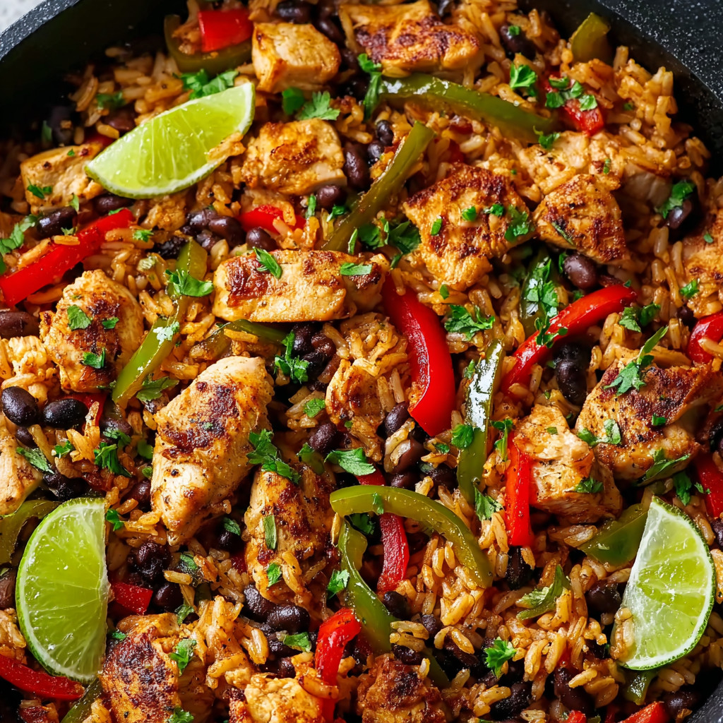 Ein Bild von einer Rice- und Chicken-Gerichte, die in einem schwarzen Teller oder Kessel serviert werden. Es enthält auch einige grüne Zutaten wie Zwiebeln und Paprika.