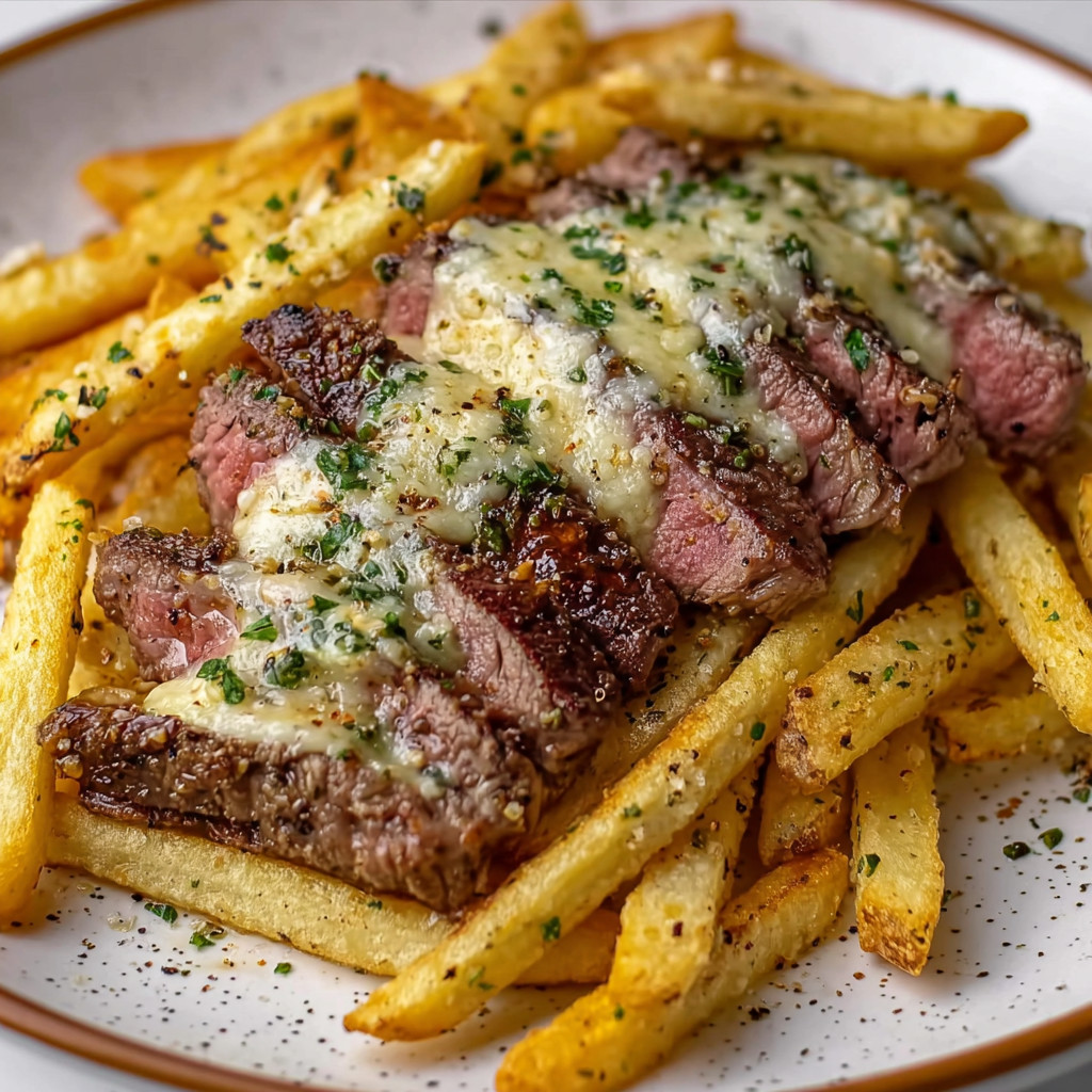 Eine Platte mit frisch zubereiteten Fritten und Steak, garniert mit Parsley.