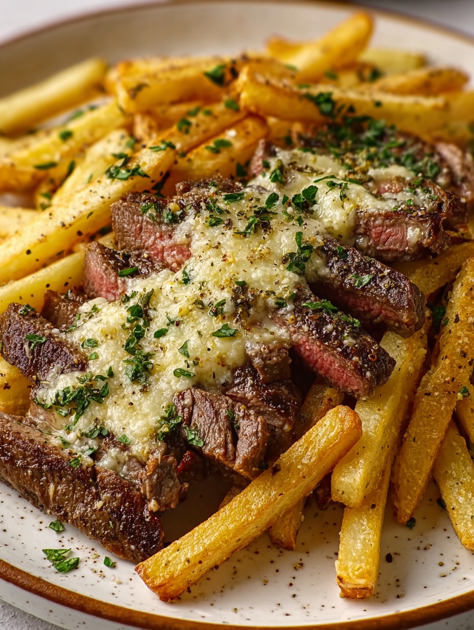 Eine Platte mit Steak und Fritten, die mit Parsley und Zwiebeln garniert sind.