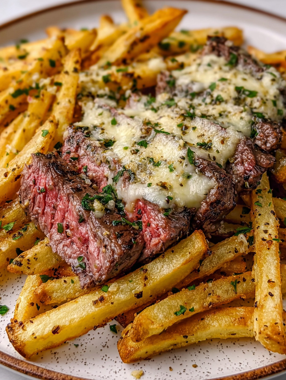 Eine Platte mit frisch zubereiteten Fritten und Rindfleisch, das mit Sauce und Kräutern garniert ist.