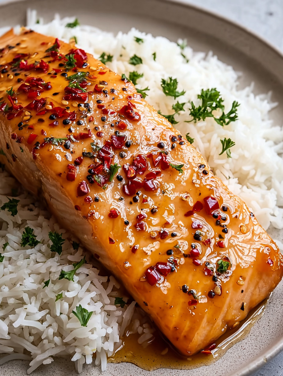 Ein Salmonfilet mit roten Zwiebeln und einer Gewürzmarinaden auf einem weißen Teller.