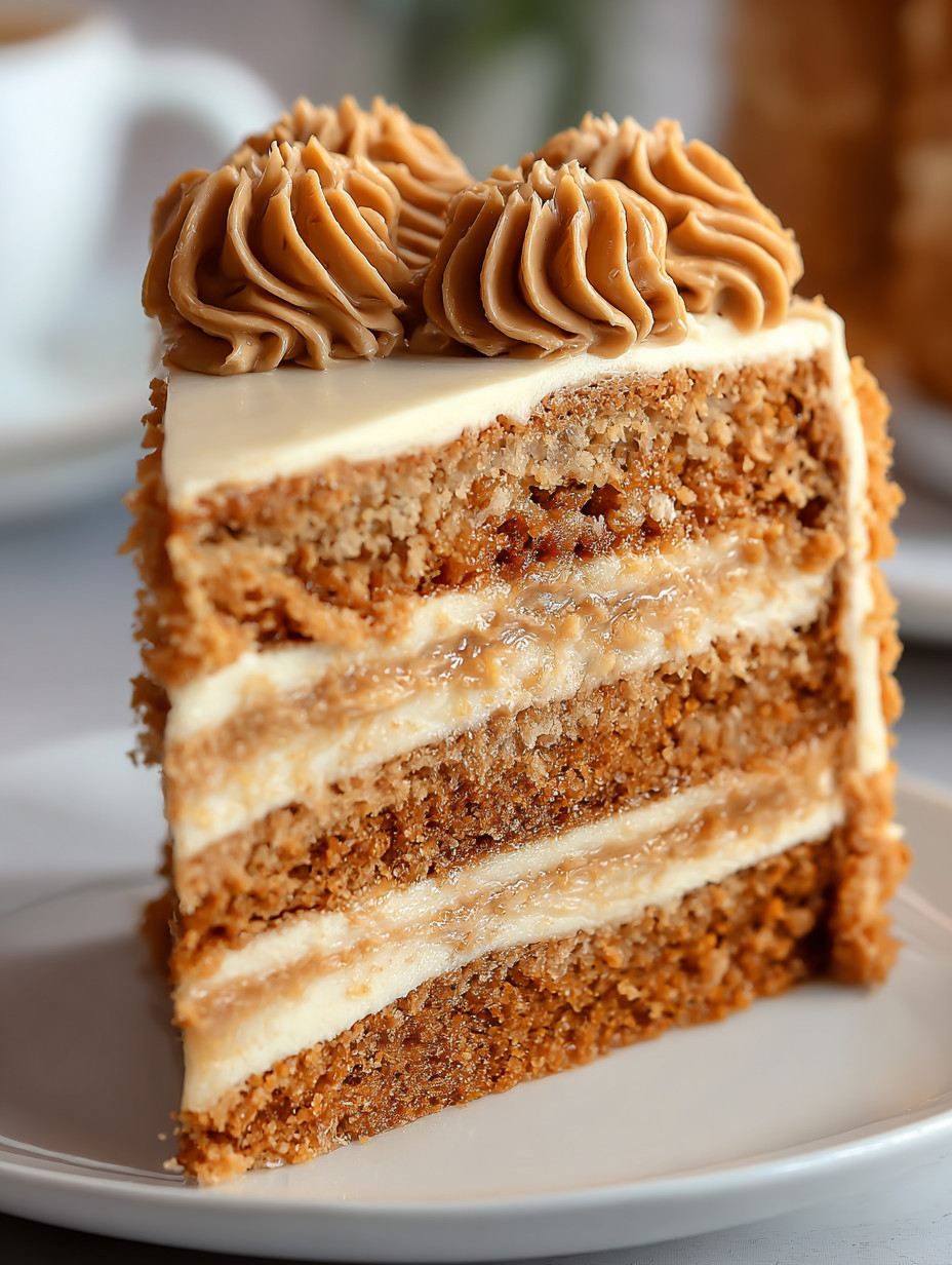 Eine Schicht von Nougat auf einer Schicht von Vanillekuchen.