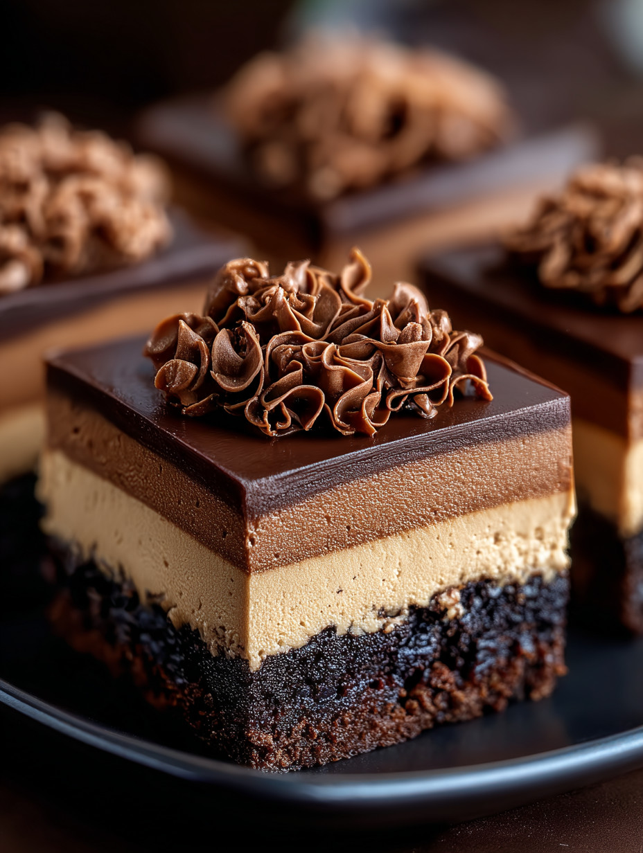 Eine Schokoladenkuche mit Schokoladenglasur, Schokoladengarnelen und Schokoladenglasur auf einem Dessertplate.