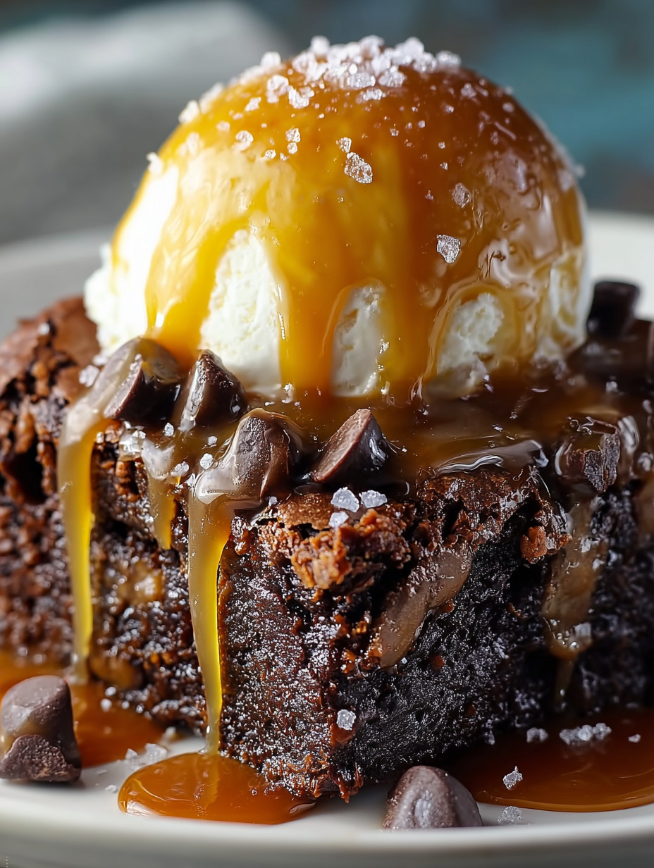 Eine Schokoladenkuche mit Eis und Caramel.