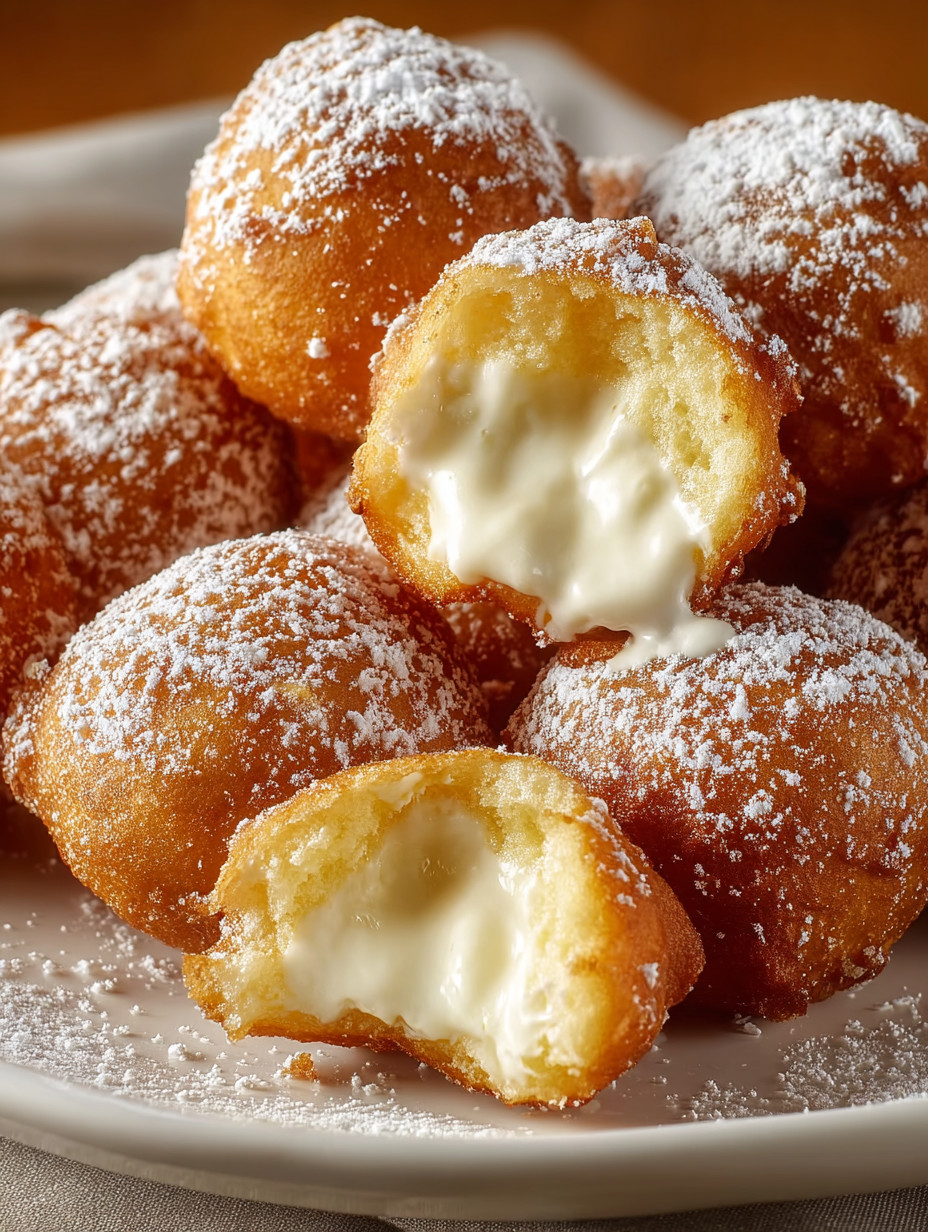 Eine Platte mit weißen und roten Donuts, die mit Sahne und Zucker bestreut sind.