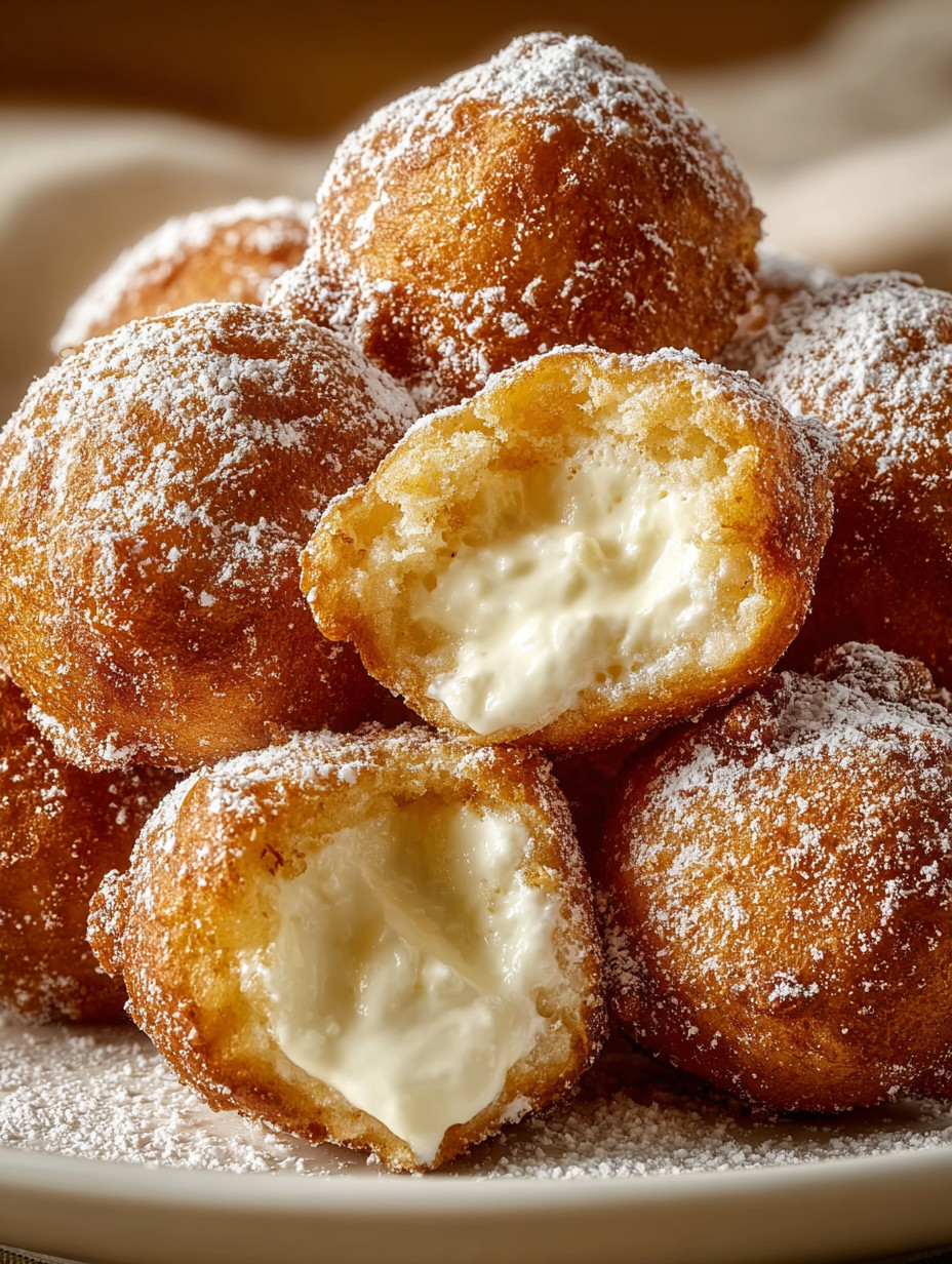 Eine Gruppe von Donuts mit weißem Käse und Zucker auf einem Teller.