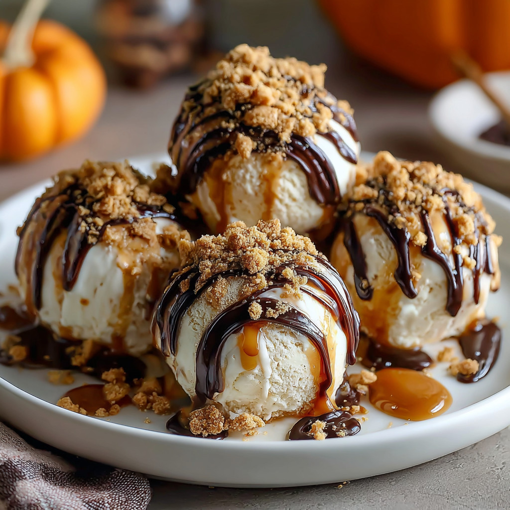 Eine Platte mit sechs Eiscreme-Bällchen, die mit Schokoladenglasur und Walnussstreusel garniert sind.