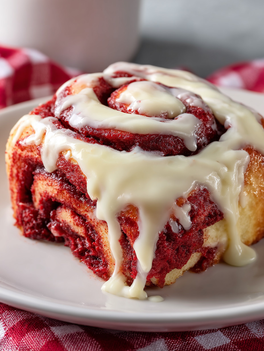 Ein weißer Teller mit einem Stück Raspberry Swirl, das mit weißem Buttercreme bedeckt ist.