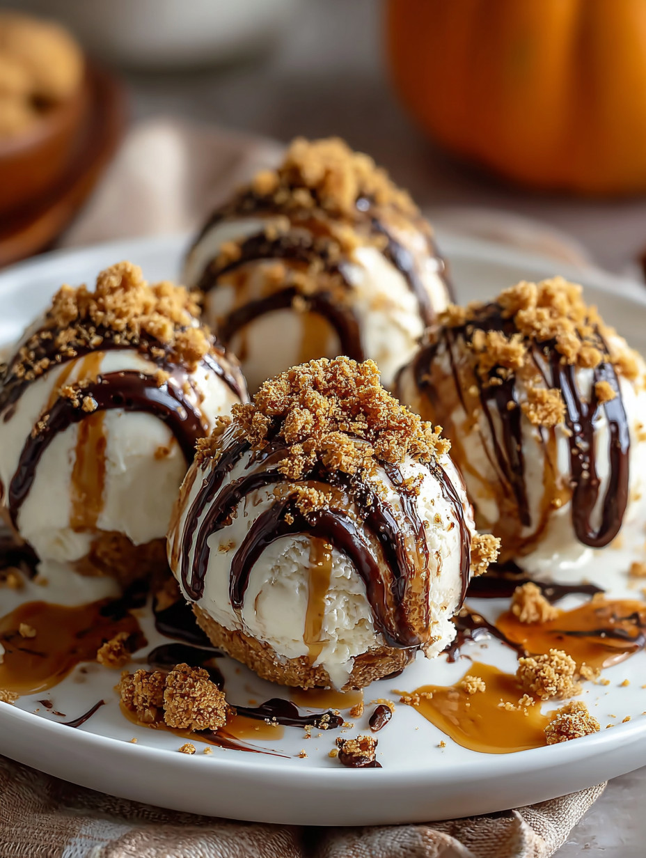 Eine Platte mit sechs Eiscreme-Bällchen, die mit Schokoladenglasur und Walnussstreusel garniert sind.