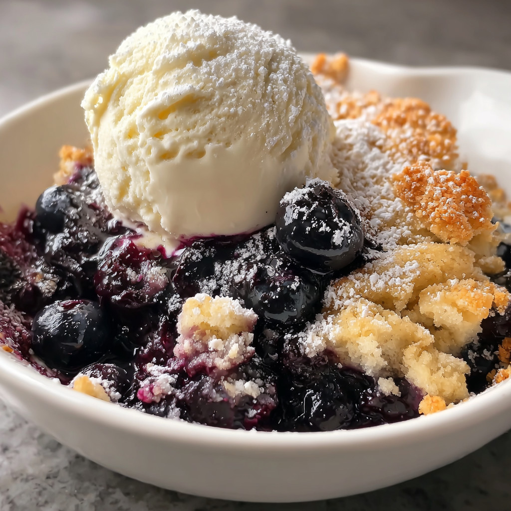 Ein weißer Eisball mit blauen Beeren auf einem Teller.