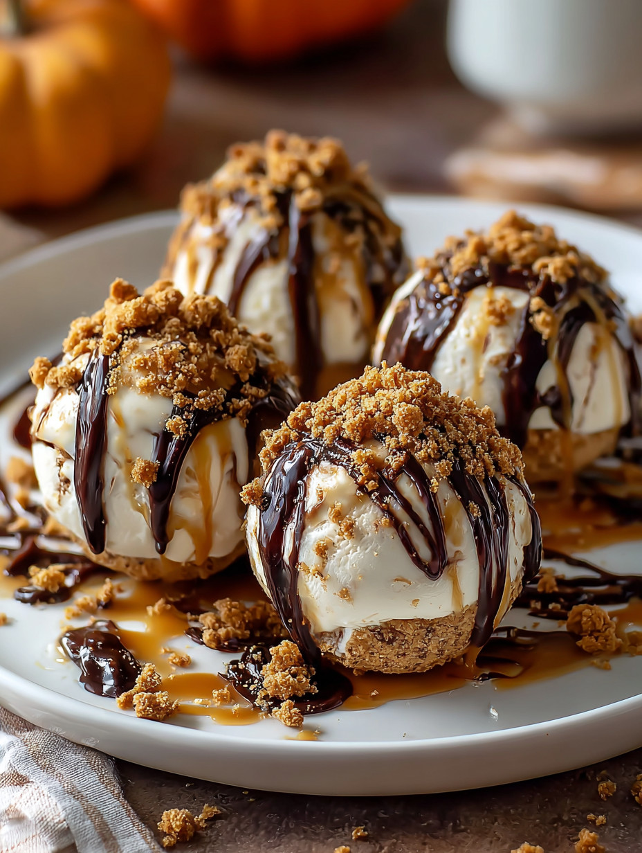 Eine Platte mit sechs Eiscreme-Ballen, die mit Schokoladenglasur und Walnussstreusel garniert sind.