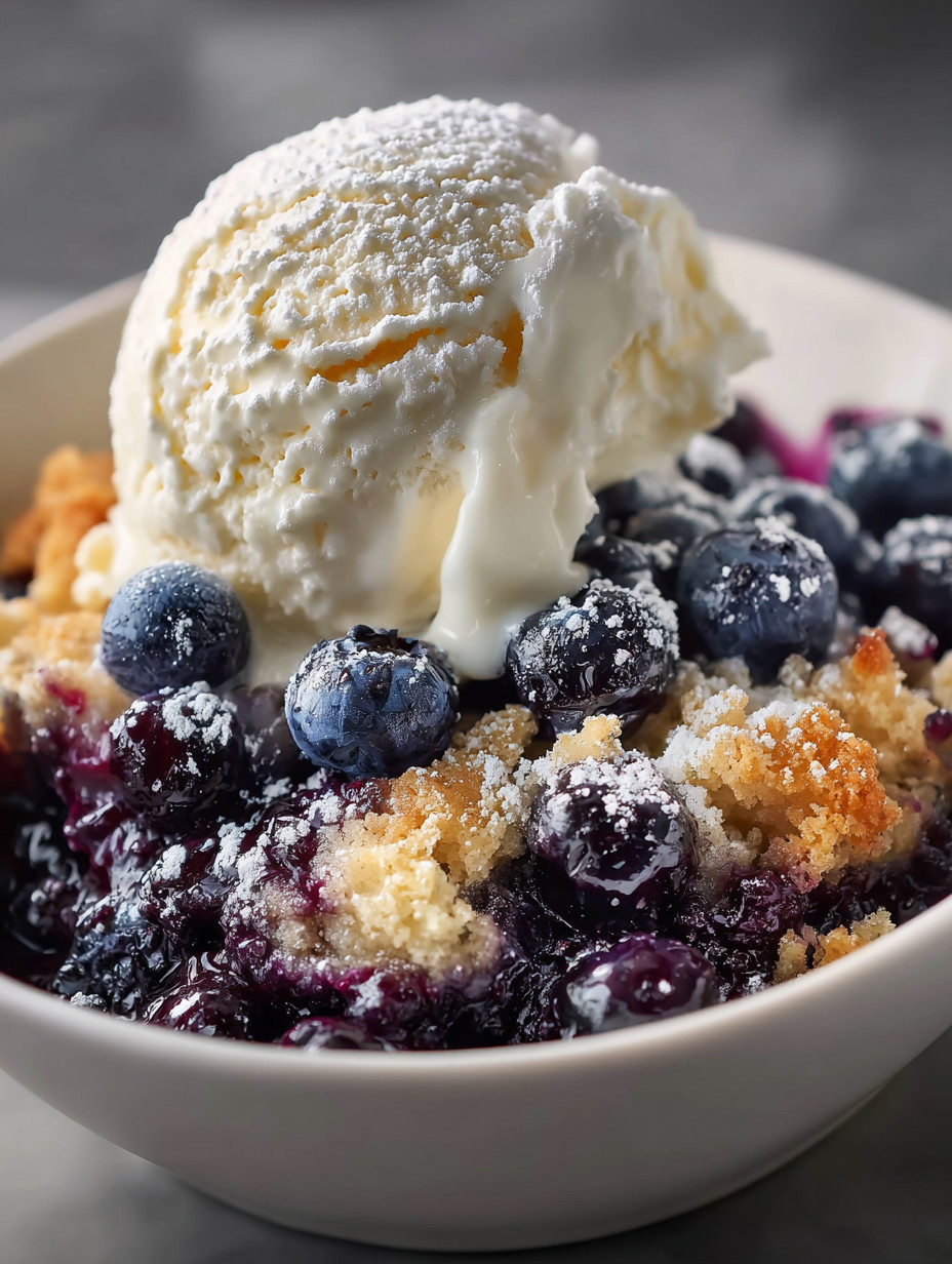 Eine Schüssel mit einem Eis und einer Mischung aus Blaubeeren und Keks.