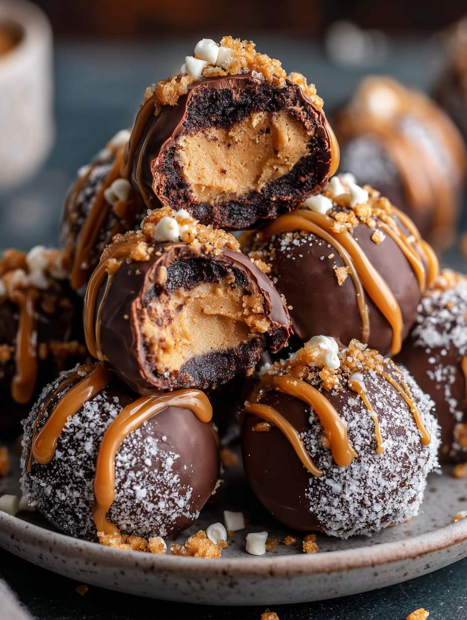 Eine Platte mit einer Anzahl von Schokoladenkugeln, die mit Schokoladenglasur und Nüssen garniert sind.