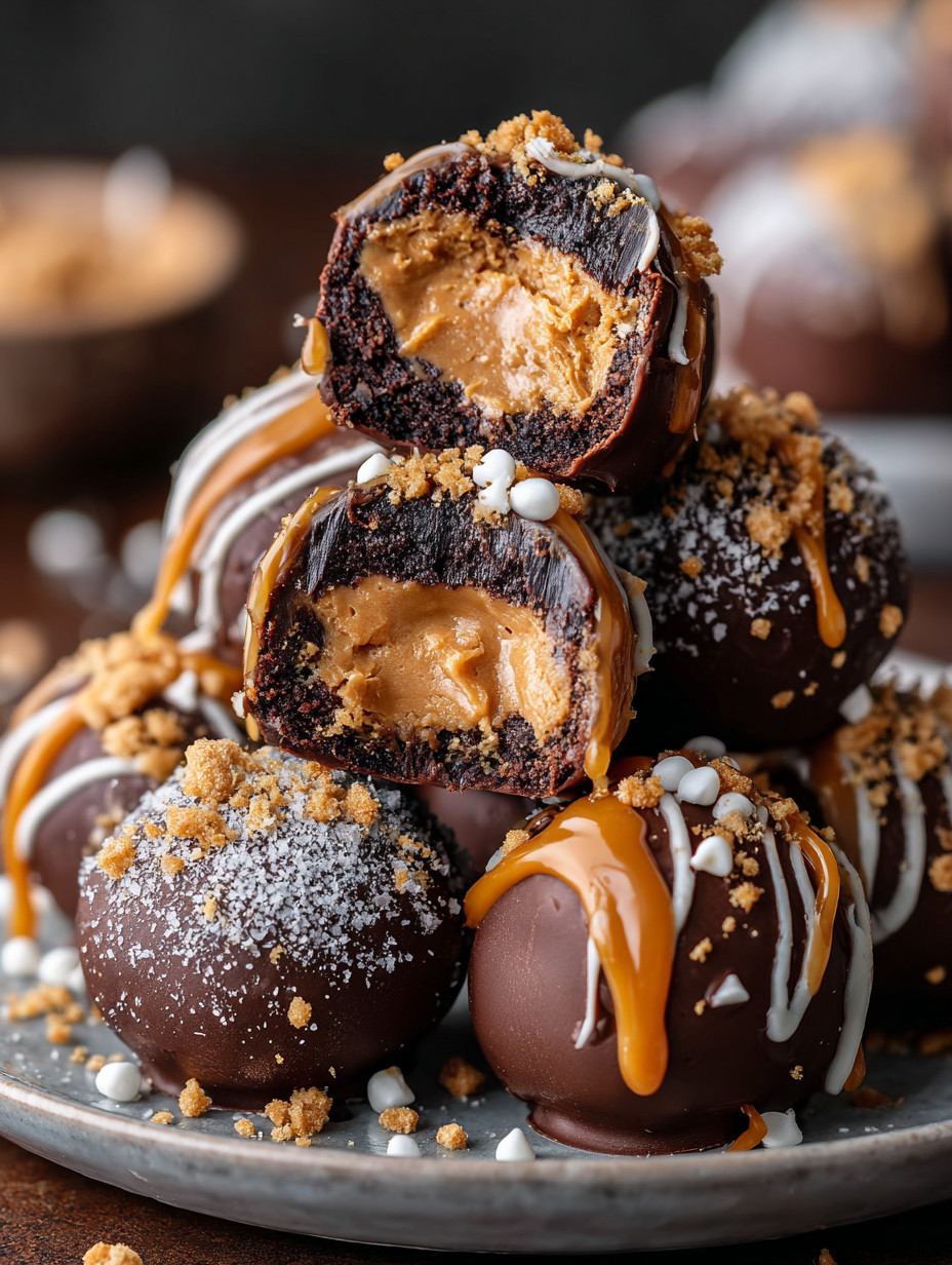 Eine Platte mit einer Anzahl von Schokoladenkugeln, die mit Schokoladenglasur und Nüssen garniert sind.