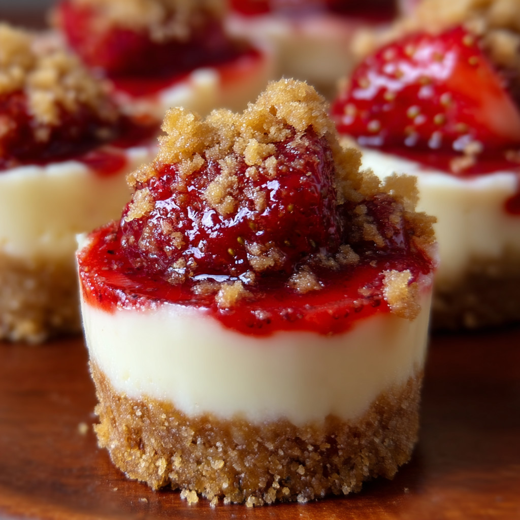 Ein Stück Kuchen mit Strawberry-Topping auf einem Holzblock.