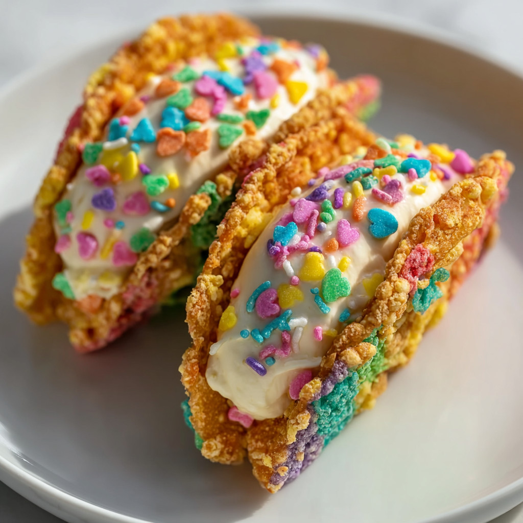 Zwei kräftige Tacos mit cremiger Schicht und farbenfrohen Sprinkles auf einem weißen Teller.